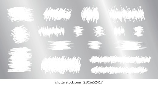 Scraped textures on metallic scratch card surface. Collection of scraping effects on scratchcard, game ticket, lottery or sale coupon isolated on silver background. Vector realistic illustration.