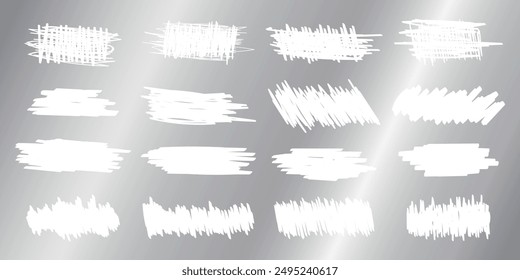 Scraped textures on silver scratchcard surface. Collection of scraping effects on scratch card, game ticket, lotto or sale coupon isolated on metallic background. Vector illustration.