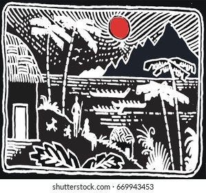 Scraper board style illustration of native village in South Pacific