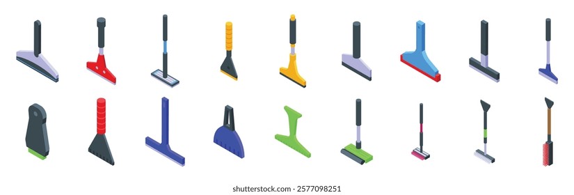 Scraper cleaning car icons set. Set of cleaning tools icons representing various squeegees, scrapers, and brushes used for cleaning different surfaces