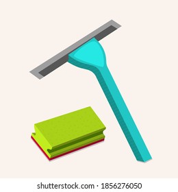 Scraper for cleaning windows with sponge. Vector illustration.