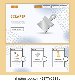 Scraper flat landing page website template. Tracing wheel, scraper, labourer. Web banner with header, content and footer. Vector illustration.