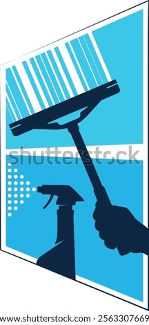 Scraper in hand and cleaning product, window cleaning symbol