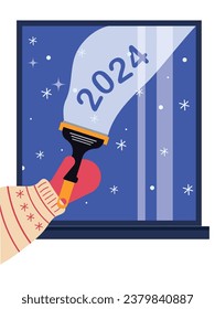 A scraper in a human hand slides across the window clearing it of snow and the inscription 2024, New Year's concept appears. Vector illustration.