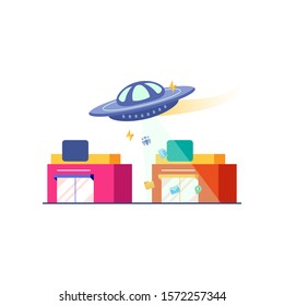 Scrapping ecommerce online shop market with scrapping website tools to get the data behind, using alien as a theme with example of flying saucer scrapping things from the store vector illustration