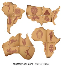 Scraps of old, charred paper depicted in the form of the United States of America, Africa, South America and Australia are painted with native inhabitants and animals of these places