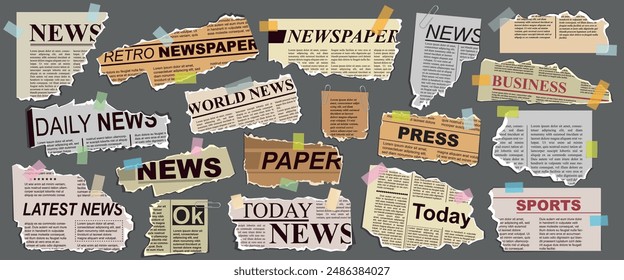 Scraps of old newspaper headlines taped to the board with tape and paper clips. Newsprint with torn edges. Isolated background. Scrapbook. Vector illustration. Front view. Close up. Big banner. Set