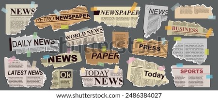 Scraps of old newspaper headlines taped to the board with tape and paper clips. Newsprint with torn edges. Isolated background. Scrapbook. Vector illustration. Front view. Close up. Big banner. Set