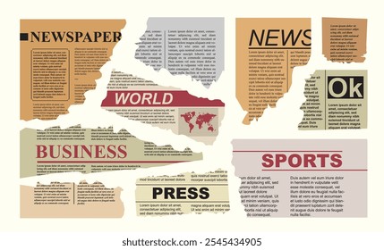 Scraps of old newspapers with tattered edges. Newspaper Headlines - Business, News, World, Sports, Press. Trendy elements for collage. Old generic newsprint. Isolated on white background.. Vector illu