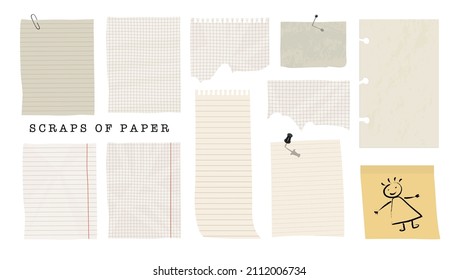 Scraps of paper collection. Stationery decorated pieces of old Checkered and lined paper. Weekly, daily planners, note paper, sticker templates. Vector illustration. Isolated elements.  
