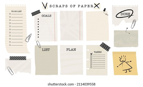 Scraps of paper collection. Stationery decorated pieces of old Checkered and lined paper. Weekly, daily planners, note paper, To do list, check mark. Vector illustration. Isolated elements.  