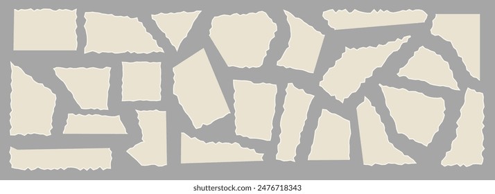 Scraps of paper, isolated set of blank empty pieces of paper. Vector pages with blank space for copy space. Rip or shredded material for papier mache, patchwork or crafts, artwork strips