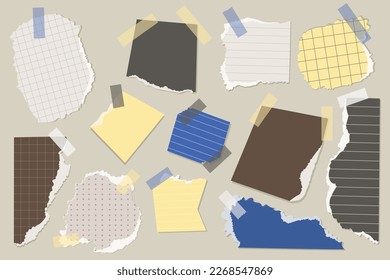 Scraps of paper for notes with tape. Set of vector isolated design elements for collage or scrapbooking.