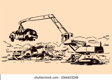 Scrapyard crane moving crushed car. Sketch illustration