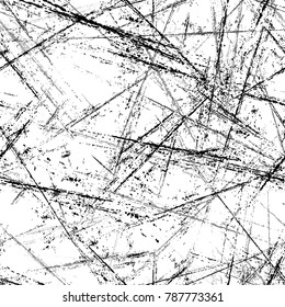 Scratch Black and White Distress Grunge Brush Texture. Hand Drawn Old Scratched Seamless Pattern. Overlay Rust Metal Texture. Broken, Rusty Print Design Background.