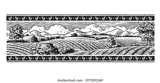 Scratch board illustration of agricultural scene