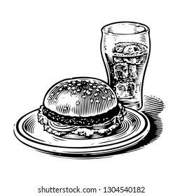 Scratch board illustration of hamburger.