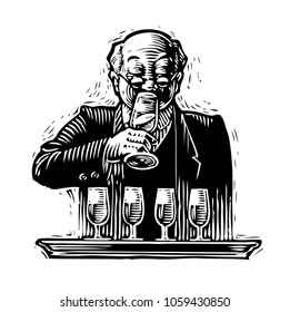 Scratch board illustration of wine taster