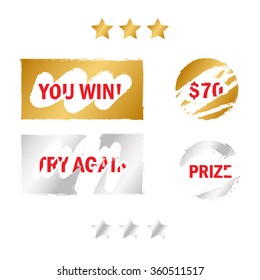 Scratch card elements. Win game lottery prize, vector illustration