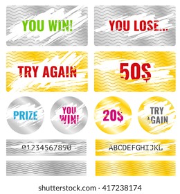 Scratch card game, scratch and win lottery vector elements. Lottery luck or lose, coupon chance win and card template lottery illustration