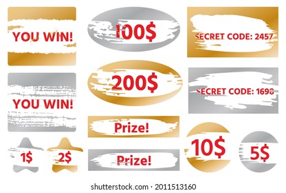 Scratch card game win shape set icons isolated on white background. Vector objects star, heart, rectangle, square, oval, circle grunge brush stroke texture. Lottery lucky lose winning ticket text