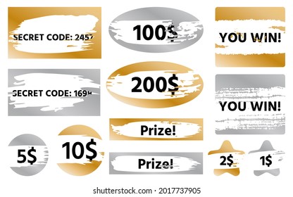 Scratch card game win shape set icons isolated on white background. Vector objects star, heart, rectangle, square, oval, circle grunge brush stroke texture. Lottery lucky lose winning ticket text