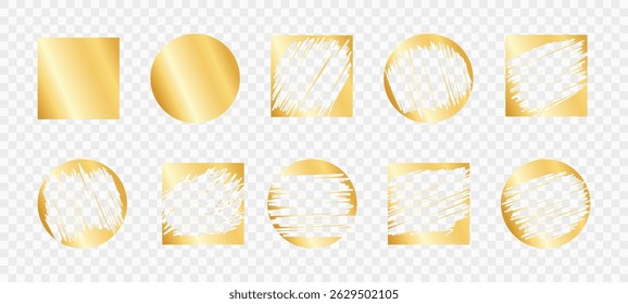 Scratch card lottery on golden shapes - scuffed frayed uneven edge geometric cutouts on transparent bg. Dry brush streaky ragged square star. Sketchy monochrome aged fuzzy smeared symbols.