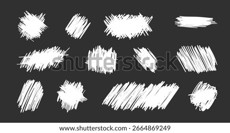 Scratch card lottery textures with white brushstroke patterns for promotional materials design. Various shapes with rough edges and linear marks. Digital overlays for instant win tickets or coupons.