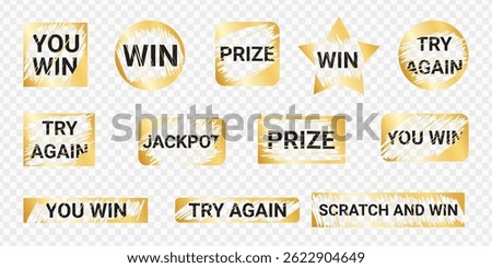 Scratch card prize phrases bundle - hand lettered golden foil vintage labels. Lottery promotion slogans damaged halftone elements. Engaging leisure activity old stained symbols.