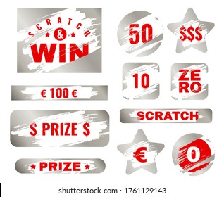 Scratch Card. Scratches With Brush Effect Suitable For Instant Prize Game. Lottery Silver Win Ticket, Gambling Coupon Vector Metallic Texture Collection