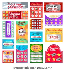 Scratch card set. Cards with a section may be scraped away to reveal a symbol of prize won in a competition, bright design. Vector flat style cartoon illustration isolated on white background