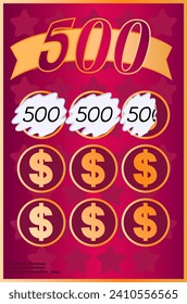 Scratch card with three winning 500 dollar amounts revealed. Gambling ticket design showcasing cash prize symbols.