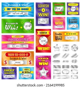 Scratch cards. Ads or lottery tickets templates with scratching texture recent vector pictures set