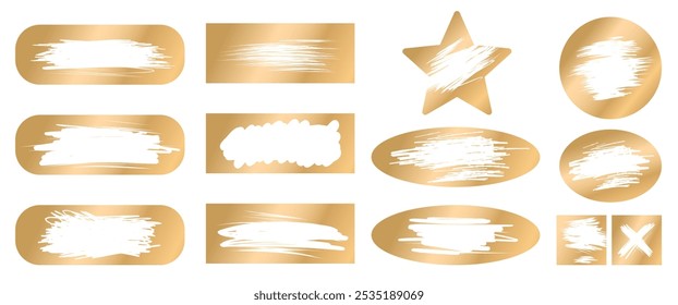 Scratch cards formas diferentes conjunto dourado isolado no fundo branco. Ilustração vetorial