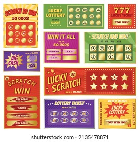 Scratch cards, instant lottery card, lucky jackpot winner tickets. Lotto and bingo game winning ticket, scratchcard games vector set. Gambling concept, coupons for prize or big cash win