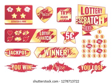 Scratch cards and lottery tickets colorful set isolated on white background flat vector illustration