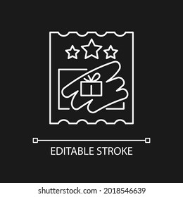 Scratch cards white linear icon for dark theme. Scratching off covering for prize reveal. Thin line customizable illustration. Isolated vector contour symbol for night mode. Editable stroke