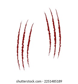 Scratch kras Blutmarke. Wilde Tiere, Monster oder Dinosauriertalone zeichnen sich ab. Rote, scharfe Kanten, Textur einzeln auf weißem Hintergrund. Gruseliges Horrorsymbol. Laktionsdruck. Vektorgrafik