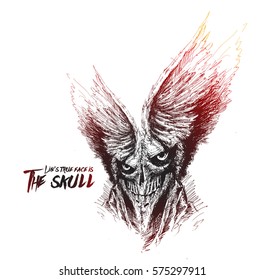 Scratch Devil Skull with wing - Vampire, Hand Drawn Sketch Vector illustration. 