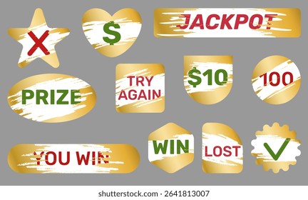 Scratch effects with inscriptions. Golden paint erased layers with winnings, lottery tickets wiped places, gambling, promotional stickers, jackpot and prize, qualitative vector isolated set
