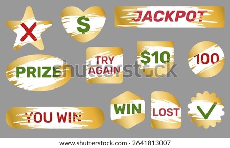Scratch effects with inscriptions. Golden paint erased layers with winnings, lottery tickets wiped places, gambling, promotional stickers, jackpot and prize, qualitative vector isolated set