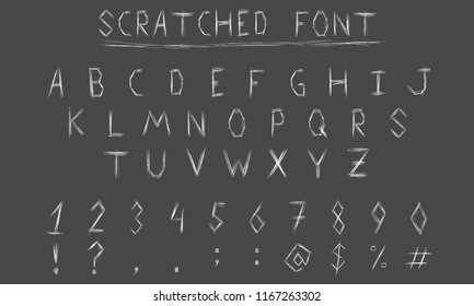 Scratch font, hand draw alphabet on black background. Chalkboard style, aged disteressed grunge scratch damaged texture. Letters ABC Vector Vector illustration