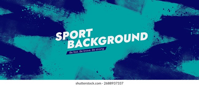 Plano de fundo de esporte de meio-tom de quadro de rascunho. Textura de banner grunge urbano. Fundo de design gráfico azul-turquesa. Traçados de pincel com local de texto.