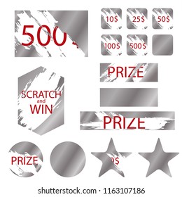 Scratch Games Cards with Effects Metallic Scrape Symbol of Prize, Lottery, Win, Reward or Luck. Vector illustration