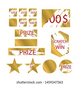 Scratch Games Cards with Effects Yellow Metallic Scrape Symbol of Prize, Lottery, Win, Reward or Luck. Vector illustration