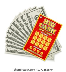 Scratch lottery card big cash game win realistic composition with hundred dollars banknotes prize money vector illustration 