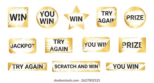 Scratch lottery card shapes set - You Win brush lettering smudged strokes. Hatching chalk shading doodle vector stickers. Positive uplifting grungy overlay ragged clipart.