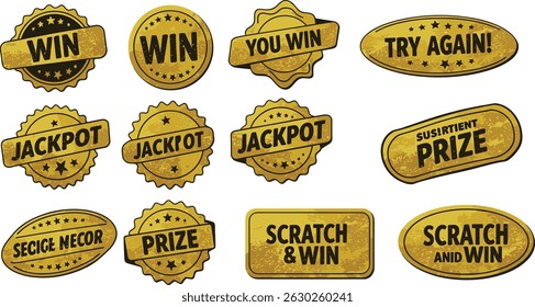 Scratch lottery card shapes set - You Win brush lettering smudged strokes. Hatching chalk shading doodle vector stickers