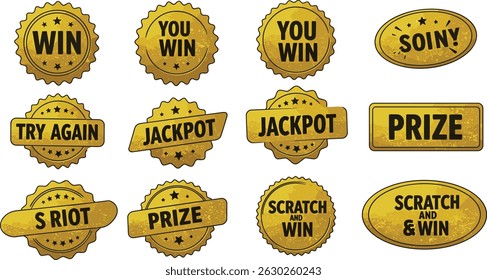 Scratch lottery card shapes set - You Win brush lettering smudged strokes. Hatching chalk shading doodle vector stickers