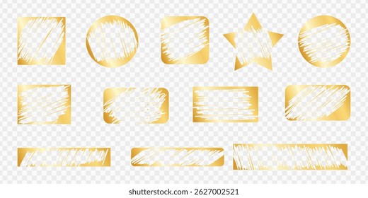 Scratch lottery card vector shapes on transparent background - gold foil grunge pencil hatching. Shiny metallic scribble stencil silhouettes set. Scratched distressed stamp textures realistic clipart.
